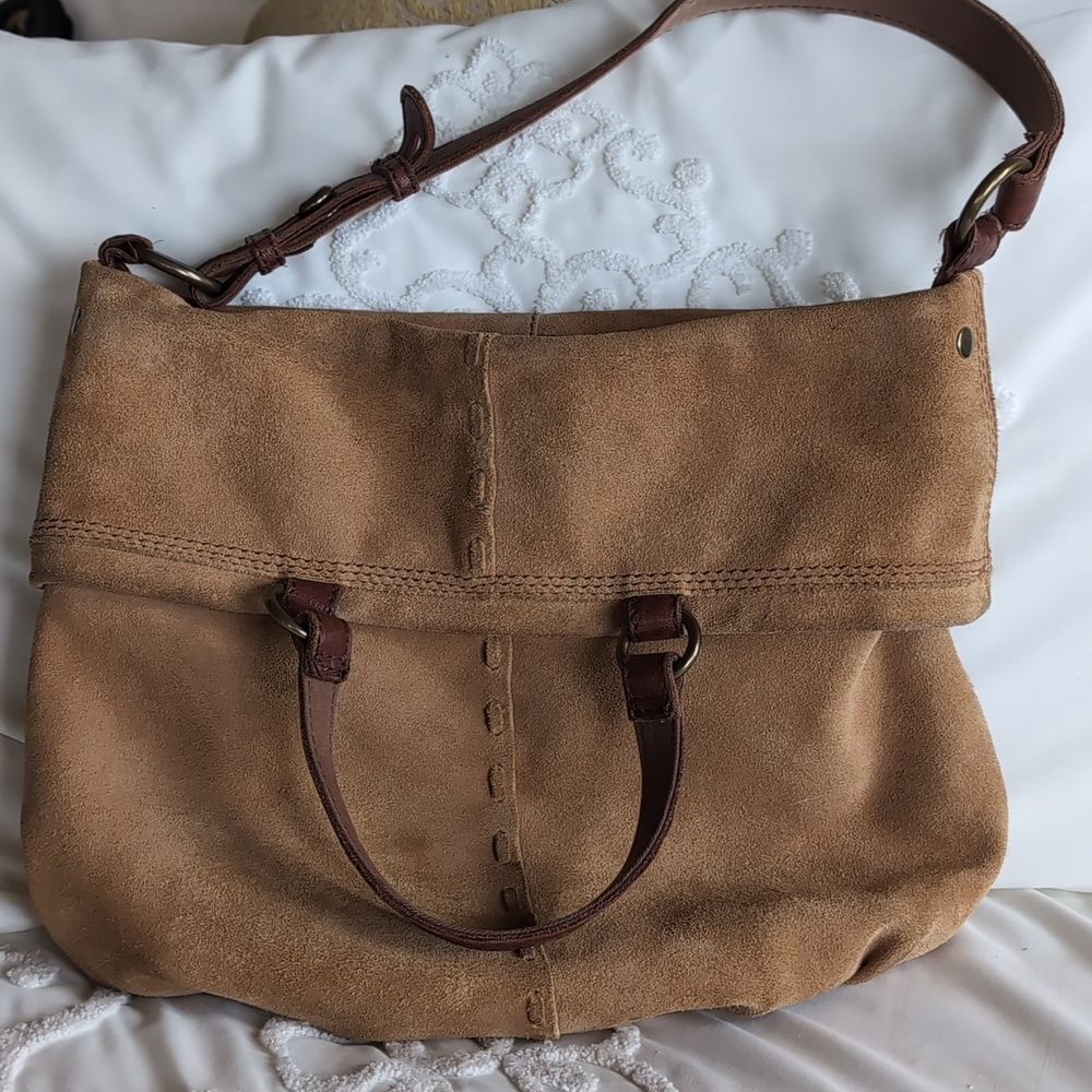 Lucky Brand Bag Vintage Tan Suede Large Tote- Fold Over Shoulder Sack Hobo Tote